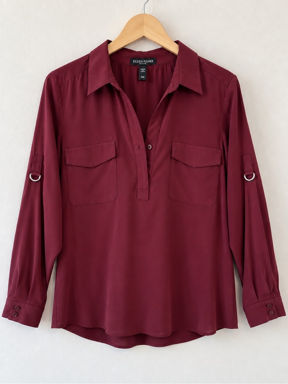 Eileen Fisher 100% Silk Burgundy Utility Blouse Petite Medium PM NWOT